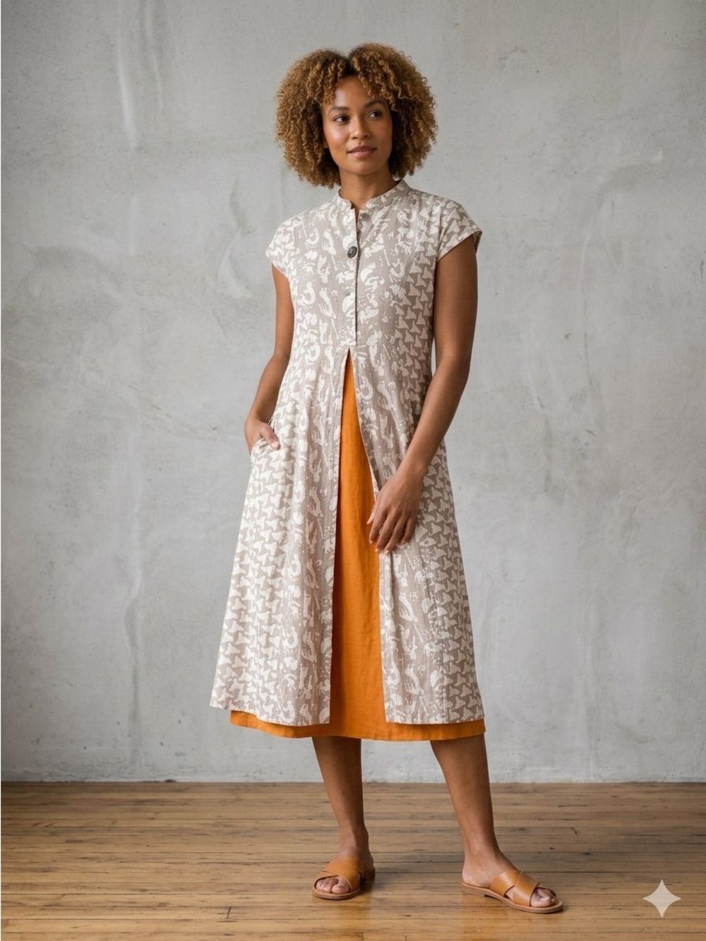 Leeva Beige and Orange Patterned Maxi Dress